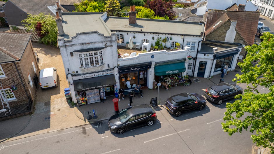 An aerial view of a charming high street with small retail shops, including a florist shop with a black awning displaying floral arrangements outside. The pavement features pedestrians, some carrying